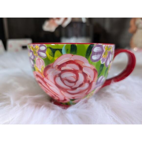 Potter's Studio Footed Coffee Red Mug with Beautiful Colorful Flowers New - Picture 1 of 9